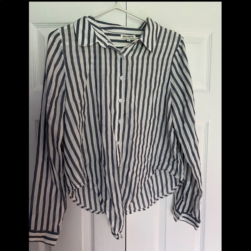 Front tie pin stripe button-up blouse